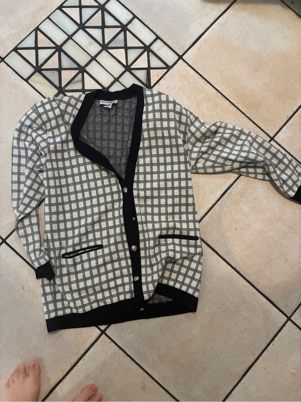 Vintage Eccobay Black & Cream Checked Cardigan